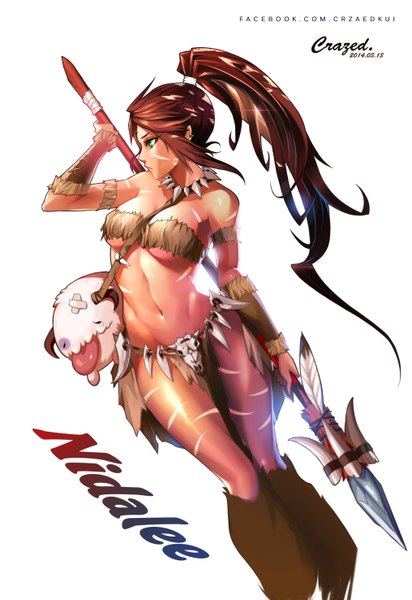 Anime picture 2031x2952 with league of legends original nidalee (league of legends) poro (league of legends) crazed single long hair tall image highres breasts light erotic simple background brown hair white background bare shoulders green eyes ponytail teeth midriff fang (fangs)