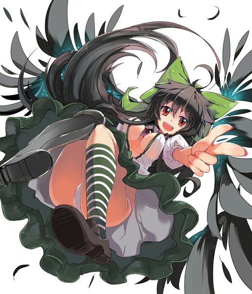 Anime picture 1000x1166 with touhou reiuji utsuho yui (niikyouzou) single long hair tall image breasts open mouth light erotic black hair simple background red eyes white background cleavage ahoge pantyshot black wings outstretched hand pointing girl