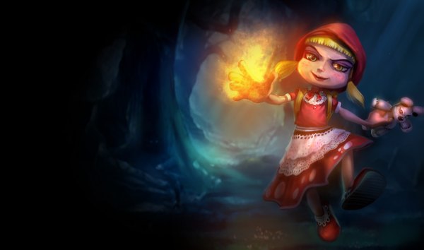 Anime picture 1215x717 with little red riding hood league of legends annie (league of legends) tokyo teddy bear single blonde hair wide image twintails green eyes lips magic girl dress plant (plants) tree (trees) headdress forest teddy bear flame