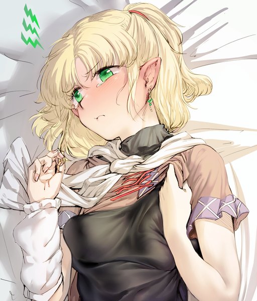 Anime picture 800x938 with touhou mizuhashi parsee geppewi single tall image blush short hair blonde hair green eyes looking away ponytail lying pointy ears on back tears half updo girl dress earrings