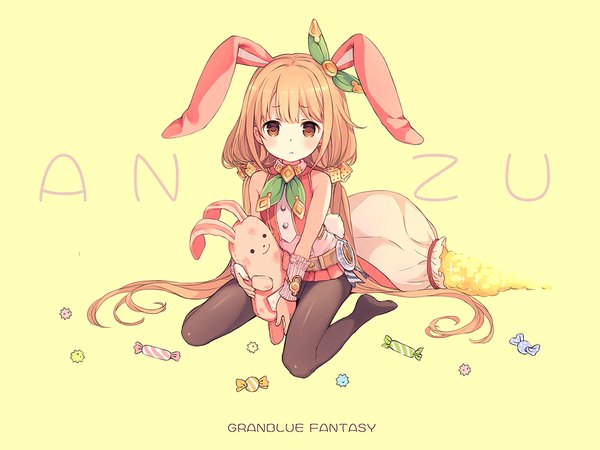 Anime picture 1024x768 with idolmaster idolmaster cinderella girls granblue fantasy futaba anzu yashiro seika single looking at viewer blush fringe simple background blonde hair sitting twintails bare shoulders brown eyes animal ears payot very long hair bunny ears no shoes