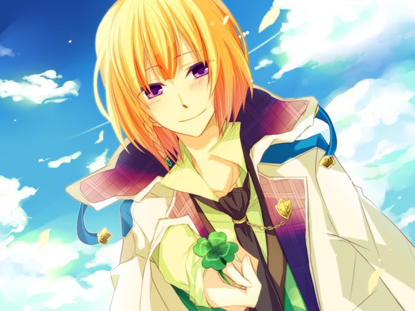 Anime picture 1600x1200 with beast master and prince (game) idea factory lucia (beast master and prince) blonde hair purple eyes cloud (clouds) boy necktie clover (plant)