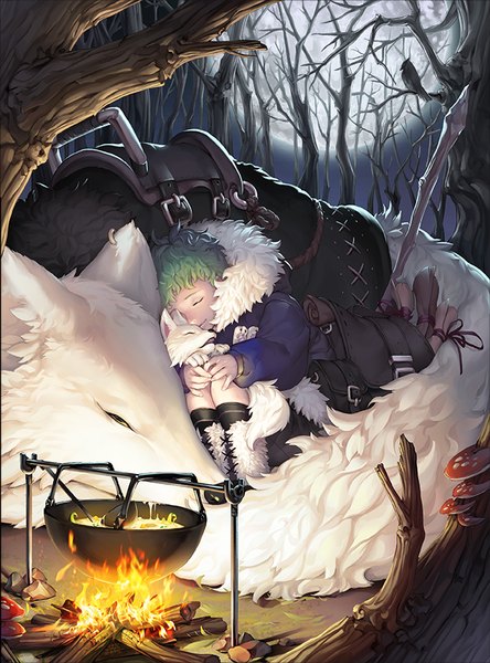 Anime picture 640x864 with original dolnamu single tall image short hair eyes closed green hair night sleeping boy plant (plants) animal tree (trees) bird (birds) fur moon bag full moon fire forest