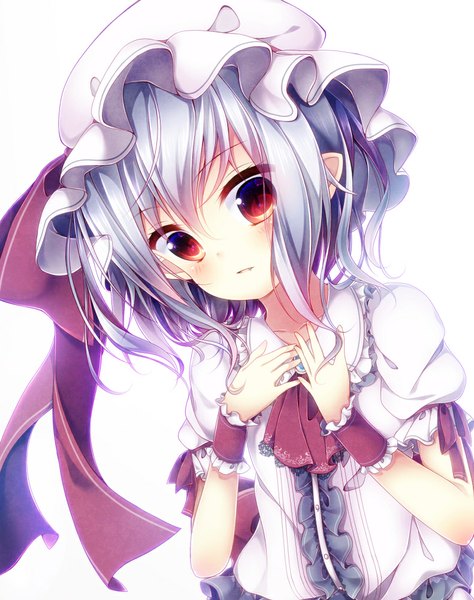 Anime picture 791x1000 with touhou remilia scarlet ayatan-kiri single tall image blush short hair simple background red eyes white background purple hair pointy ears looking down girl bonnet