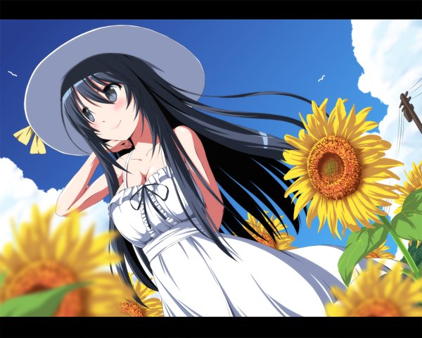 Anime picture 1392x1114 with original nori tamago single long hair blush blue eyes black hair smile cloud (clouds) letterboxed girl dress flower (flowers) hat sundress sunflower