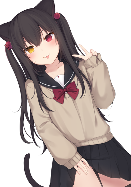 Anime picture 1000x1424 with original nachi single long hair tall image looking at viewer blush fringe black hair simple background hair between eyes red eyes standing white background yellow eyes payot tail animal tail pleated skirt cat girl