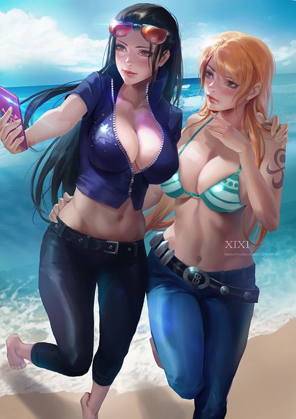 Anime picture 800x1131 with one piece toei animation nami (one piece) nico robin xixi (pixiv11480549) long hair tall image blush fringe breasts light erotic black hair hair between eyes large breasts standing bare shoulders multiple girls holding signed payot