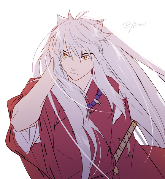 Anime picture 1389x1500 with inuyasha inuyasha (character) omochi daifuku single long hair tall image fringe simple background hair between eyes white background signed animal ears yellow eyes looking away traditional clothes japanese clothes wind twitter username adjusting hair dog ears