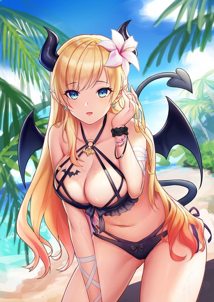 Anime picture 1500x2122 with virtual youtuber hololive yuzuki choco sramy single long hair tall image looking at viewer blush fringe breasts open mouth blue eyes light erotic blonde hair smile large breasts standing payot sky
