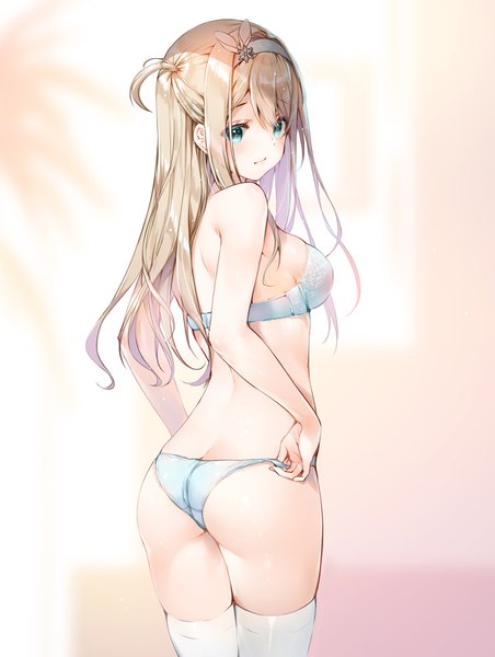 Anime picture 1205x1600 with girls frontline suomi kp31 (girls frontline) miwabe sakura single long hair tall image looking at viewer blush fringe breasts blue eyes light erotic simple background blonde hair hair between eyes standing payot ass looking back from behind