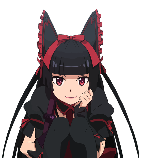 Anime picture 8961x10000 with gate - jieitai ka no chi nite kaku tatakaeri a-1 pictures rory mercury jaytec359 single long hair tall image looking at viewer fringe highres black hair smile red eyes sitting holding absurdres blunt bangs puffy sleeves squat transparent background