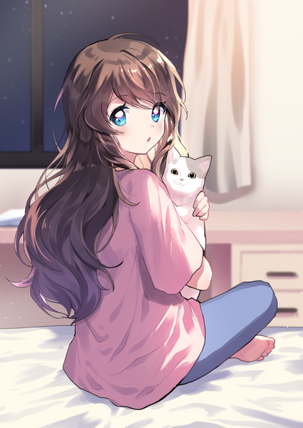 Anime picture 750x1059 with original mechuragi single long hair tall image blush fringe open mouth blue eyes brown hair sitting holding looking away full body ahoge indoors looking back barefoot night :o