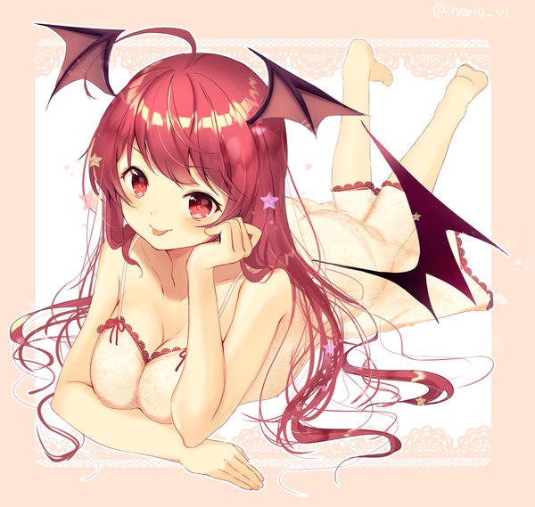 Anime picture 1984x1884 with touhou koakuma nenobi (nenorium) single long hair blush highres breasts light erotic red eyes large breasts signed cleavage full body ahoge red hair barefoot alternate costume twitter username head wings