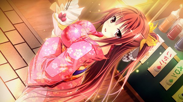 Anime picture 1920x1080 with ecchi de hentai! yakimochi ojou-sama!! ensemble sweet shiratori mayu satofuji masato single long hair looking at viewer highres breasts open mouth red eyes wide image large breasts game cg outdoors ponytail red hair traditional clothes japanese clothes wide sleeves
