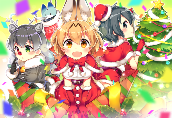 イラスト 1500x1033 と けものフレンズ サーバル(けものフレンズ) かばん ラッキービースト reindeer (kemono friends) 栗栖　歳 カメラ目線 赤面 前髪 短い髪 開いた口 黒髪 金髪 hair between eyes ツインテール multiple girls 獣耳 黄色眼 :d プロフィール