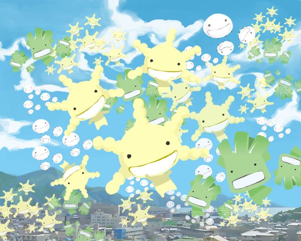 Anime picture 1280x1024 with moyashimon bacteria (moyashimon) smile sky cloud (clouds) city mountain