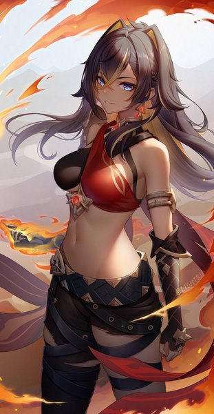Anime picture 2480x4790 with genshin impact dehya (genshin impact) lightria single long hair tall image looking at viewer fringe highres breasts light erotic black hair hair between eyes large breasts standing bare shoulders signed animal ears outdoors nail polish