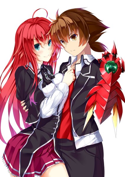 Anime picture 870x1230 with highschool dxd rias gremory hyoudou issei kasappi long hair tall image blush short hair blue eyes smile brown hair white background brown eyes red hair girl boy uniform school uniform