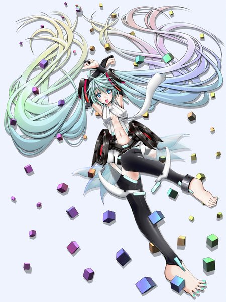 Anime picture 1500x2000 with vocaloid vocaloid append hatsune miku hatsune miku (append) amino dopple (artist) single tall image blush open mouth blue eyes twintails very long hair multicolored hair barefoot aqua hair armpit (armpits) girl navel