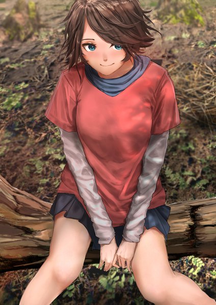 Anime picture 2894x4093 with original faiz azhar single tall image blush fringe highres short hair breasts blue eyes smile brown hair large breasts sitting looking away outdoors long sleeves pleated skirt bare legs spread legs