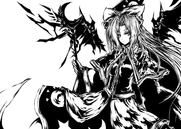 Anime picture 1400x1000 with touhou mima acryl (artist) single long hair simple background white background monochrome crescent girl dress hat wings cape staff