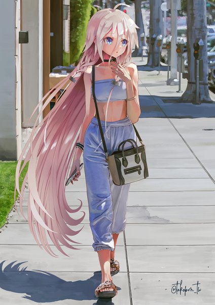 Anime picture 1000x1414 with vocaloid ia (vocaloid) takepon1123 single tall image fringe blue eyes hair between eyes bare shoulders holding signed looking away pink hair full body outdoors braid (braids) very long hair shadow midriff alternate costume