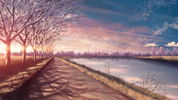 Anime picture 1280x720 with original yakkun wide image sky cloud (clouds) shadow city evening reflection sunset no people landscape scenic plant (plants) tree (trees) water building (buildings) grass