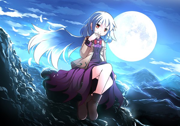 Anime picture 1790x1254 with touhou kishin sagume risutaru single looking at viewer blush fringe highres short hair smile hair between eyes red eyes sitting cloud (clouds) full body bent knee (knees) white hair long sleeves head tilt night