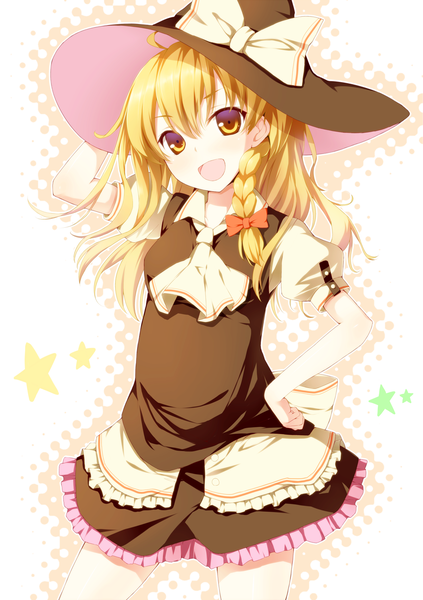 Anime picture 1200x1700 with touhou kirisame marisa dabadhi single long hair tall image blush open mouth blonde hair yellow eyes braid (braids) girl dress bow hair bow star (symbol) witch hat