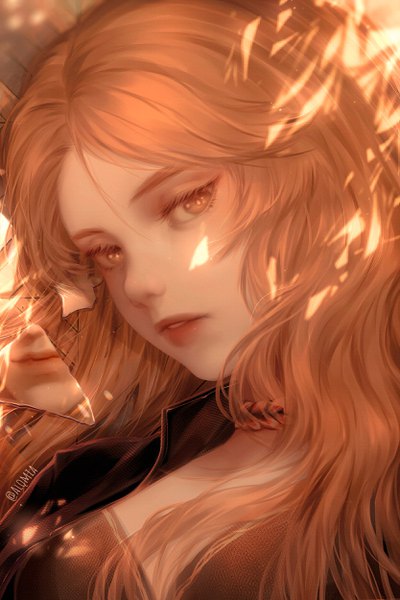 Anime picture 1667x2500 with original tevian (alqmia) alqmia single long hair tall image looking at viewer signed parted lips orange hair orange eyes lipstick wavy hair girl debris