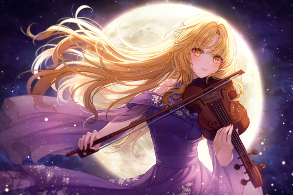 Anime picture 3000x2000 with original iyar single long hair looking at viewer blush fringe highres breasts blonde hair smile standing holding yellow eyes outdoors head tilt wind off shoulder night sparkle