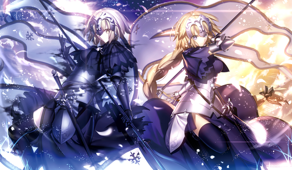 Anime-Bild 1801x1052 mit fate (series) fate/grand order fate/apocrypha type-moon jeanne d'arc (fate) (all) jeanne d'arc (fate) mashima saki (mashimasa) long hair looking at viewer highres short hair blonde hair wide image multiple girls yellow eyes girl thighhighs dress gloves hair ornament