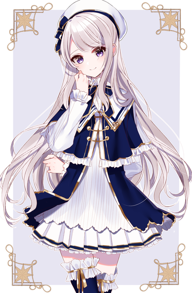 Anime picture 1250x1900 with virtual youtuber nijisanji higuchi kaede sinsihukunokonaka single long hair tall image looking at viewer blush fringe simple background smile standing purple eyes payot silver hair long sleeves head tilt mole mole under eye