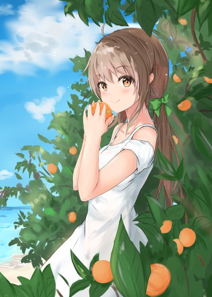 Anime picture 1464x2048 with original na kyo single long hair tall image looking at viewer fringe smile hair between eyes brown hair standing bare shoulders holding yellow eyes payot sky cloud (clouds) ahoge outdoors beach