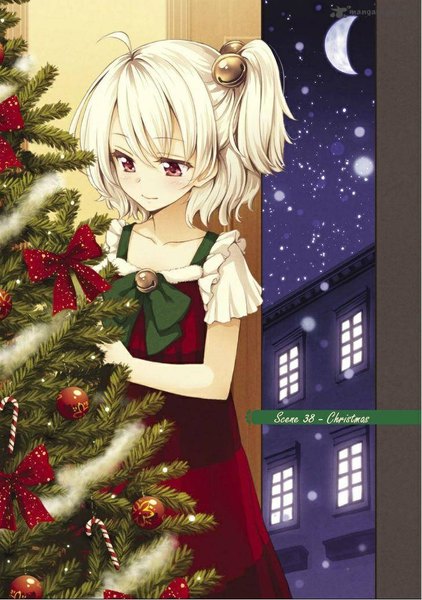 Anime picture 728x1035 with komorebi no kuni (manga) remm winslet tokunou shoutarou single tall image blush short hair smile red eyes standing silver hair ahoge indoors night night sky one side up snowing winter snow crescent