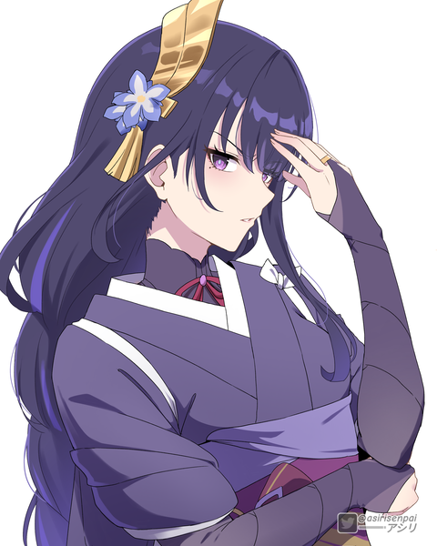 Anime picture 3200x4000 with genshin impact raiden shogun asiri senpai single long hair tall image looking at viewer blush fringe highres simple background white background purple eyes signed absurdres purple hair upper body braid (braids) traditional clothes parted lips