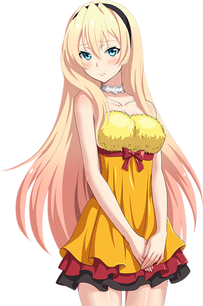 Anime picture 673x1015 with saijaku muhai no bahamut celistia ralgris single long hair tall image looking at viewer blush blue eyes blonde hair transparent background girl dress hairband