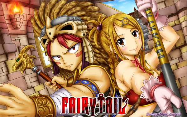 Anime picture 1280x800 with fairy tail lucy heartfilia natsu dragneel shibuya4lone long hair blush short hair blonde hair smile red eyes wide image brown eyes red hair inscription coloring single braid muscle girl boy gloves