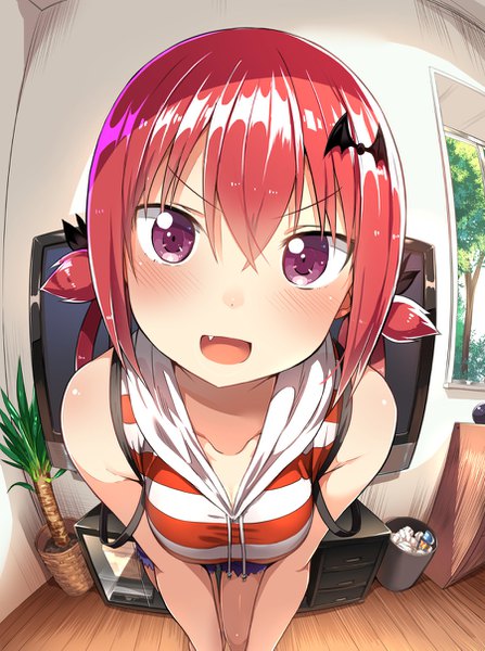 Anime picture 900x1207 with gabriel dropout doga kobo satanichia kurumizawa mcdowell greatmosu single tall image looking at viewer blush fringe breasts open mouth smile hair between eyes purple eyes bare shoulders red hair indoors :d fang (fangs) leaning