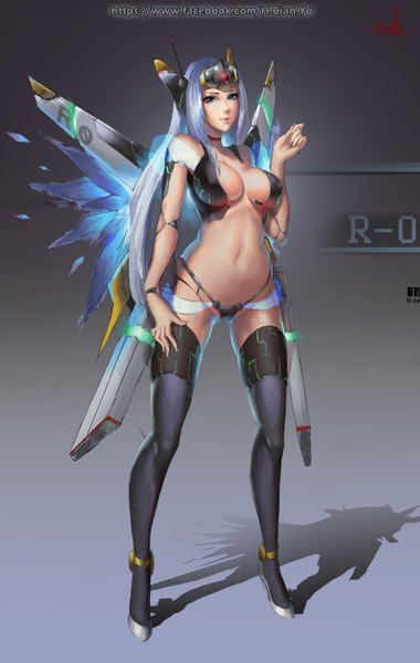 Anime picture 1984x3132 with xenosaga monolith software t-elos cian yo single long hair tall image looking at viewer highres breasts blue eyes light erotic simple background standing blue hair grey hair realistic shadow girl suit