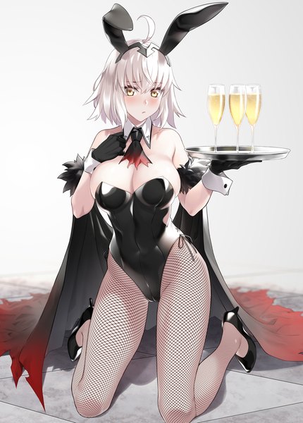 Anime picture 1204x1681 with fate (series) fate/grand order jeanne d'arc (fate) (all) jeanne d'arc alter (fate) prime single tall image looking at viewer blush fringe short hair breasts light erotic large breasts bare shoulders holding animal ears yellow eyes cleavage silver hair