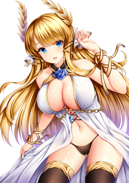 Anime picture 1273x1800 with azur lane victorious (azur lane) wsman single long hair tall image looking at viewer blush fringe breasts open mouth blue eyes light erotic simple background blonde hair large breasts standing white background bare shoulders cleavage