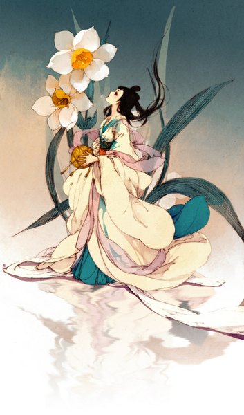 Anime picture 595x1011 with original ibuki satsuki single long hair tall image black hair traditional clothes black eyes lipstick reflection looking up eyeshadow red lipstick girl flower (flowers) ball daffodil