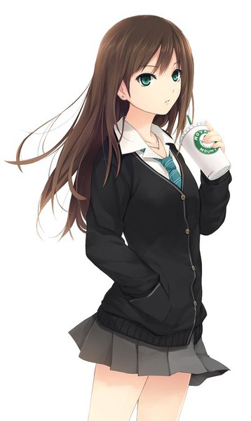 Anime picture 564x945 with idolmaster idolmaster cinderella girls shibuya rin coffee-kizoku single long hair tall image looking at viewer simple background brown hair white background green eyes pleated skirt hand in pocket revision girl skirt uniform school uniform earrings