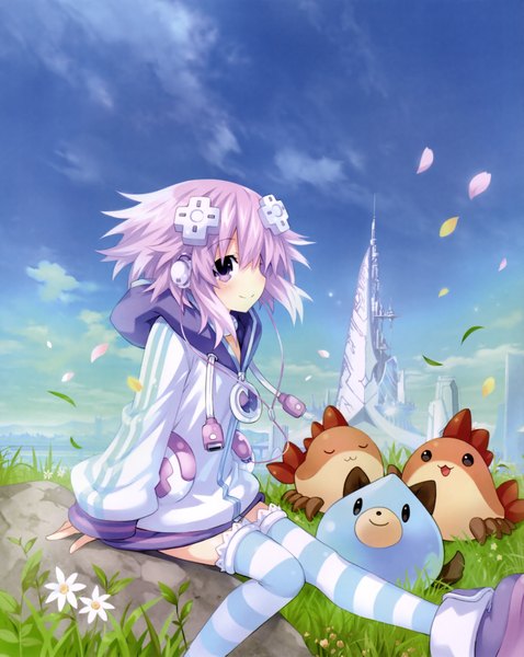 Anime picture 3182x3997 with choujigen game neptune neptune (choujigen game neptune) tsunako single tall image looking at viewer blush fringe highres short hair smile sitting purple eyes payot absurdres sky purple hair cloud (clouds) bent knee (knees) long sleeves