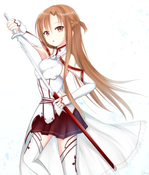 Anime picture 852x1000 with sword art online a-1 pictures yuuki asuna kirimoti34 single long hair tall image looking at viewer simple background brown hair white background brown eyes girl thighhighs weapon detached sleeves white thighhighs sword cloak