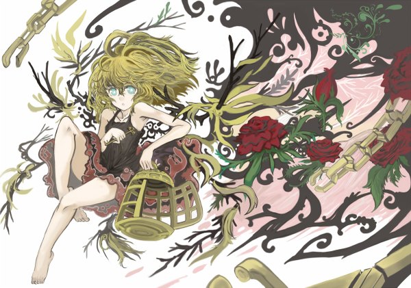 Anime picture 1200x843 with original ryuuri susuki (artist) long hair blonde hair sitting bare shoulders barefoot aqua eyes girl dress flower (flowers) plant (plants) rose (roses) chain key cage