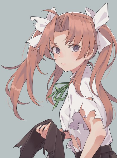 Anime picture 1200x1620 with kantai collection kagerou destroyer ichiroku (sakumogu-029) single long hair tall image blush simple background brown hair twintails upper body ahoge black eyes grey background torn clothes remodel (kantai collection) girl bow hair bow