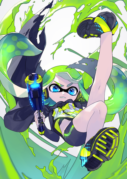 Anime picture 814x1146 with splatoon splatoon 2 splatoon 2: octo expansion nintendo inkling amatcha single long hair tall image fringe blue eyes full body green hair soles clenched teeth leg up tentacle hair girl weapon shoes
