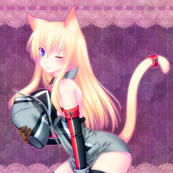 Anime picture 1000x1000 with kantai collection bismarck battleship door to heaven single long hair blush blue eyes light erotic blonde hair bare shoulders animal ears tail animal tail one eye closed wink cat ears cat girl cat tail kemonomimi mode girl